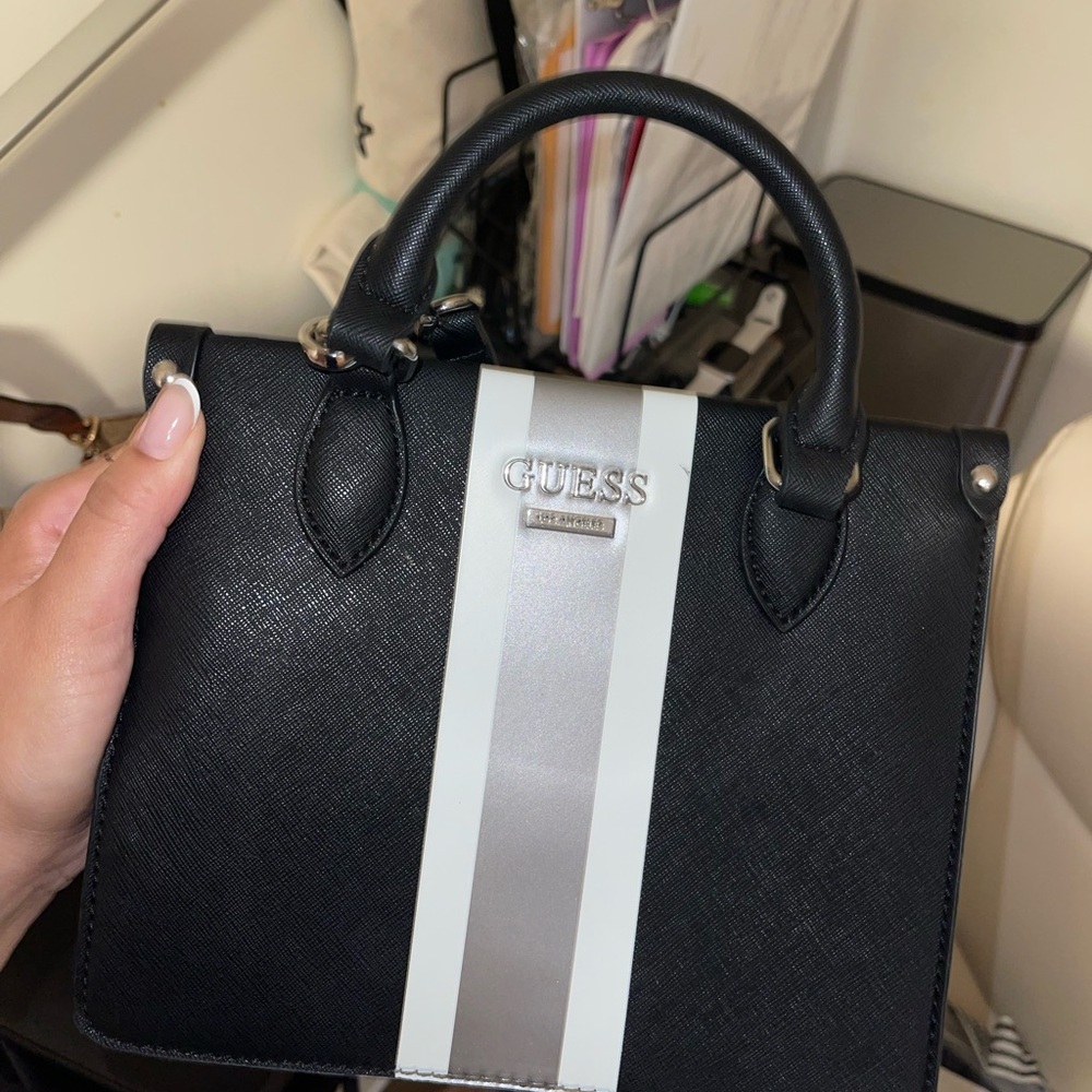 GUESS Black Satchel with Silver Stripe